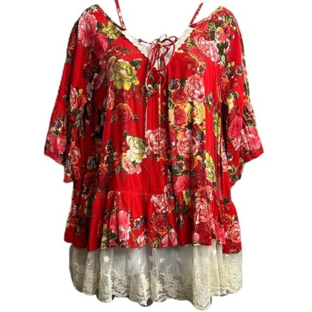 Umgee Floral Boho Top Size Large Blouse Cottagecore Lace Hem Flowy Women’s Top - Picture 6 of 16